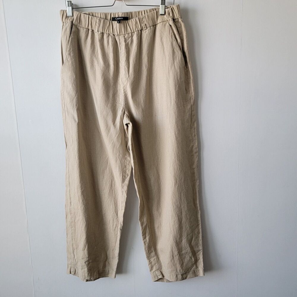 quince linen pull on elastic waist relaxed fit pockets ankle pants size L
